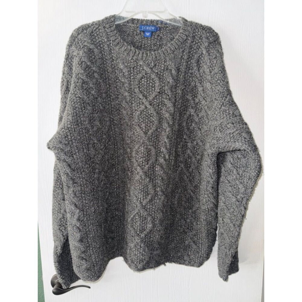 Men’s Vintage 100% Wool J. Crew Charcoal Gray Cable Knit Crewneck Sweater Sz L
